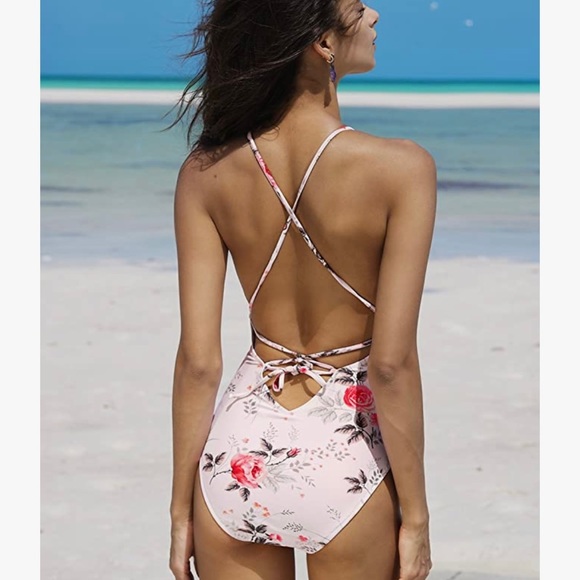 CUPSHE Tie Back High Waisted Shallow Waters Floral Print One-Piece Swimsuit - Picture 2 of 12